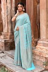 Naaritva India_Teal Chiffon, Crepe, Silk Green Handwoven Banarasi Saree With Running Blouse _Online_at_Aza_Fashions