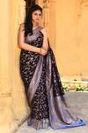 Naaritva India_Navy Crepe, Chiffon, Silk Blue Handwoven Banarasi Saree With Running Blouse _at_Aza_Fashions