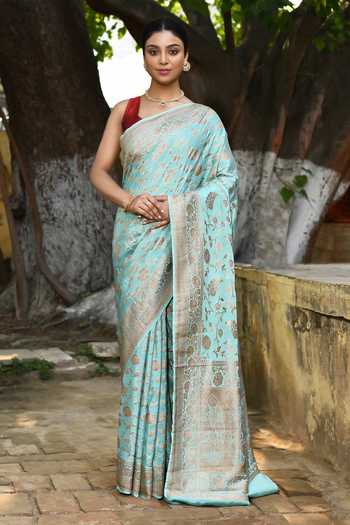 Buy_Naaritva India_Aqua Crepe, Chiffon, Silk Zari Handwoven Banarasi Saree With Running Blouse _at_Aza_Fashions