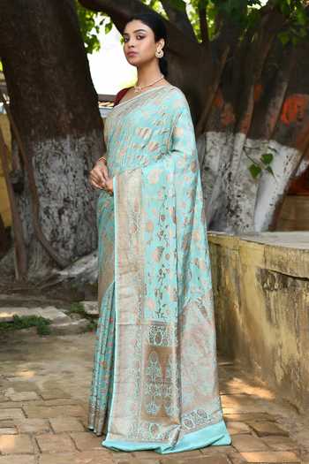 Buy_Naaritva India_Aqua Crepe, Chiffon, Silk Zari Handwoven Banarasi Saree With Running Blouse _Online_at_Aza_Fashions
