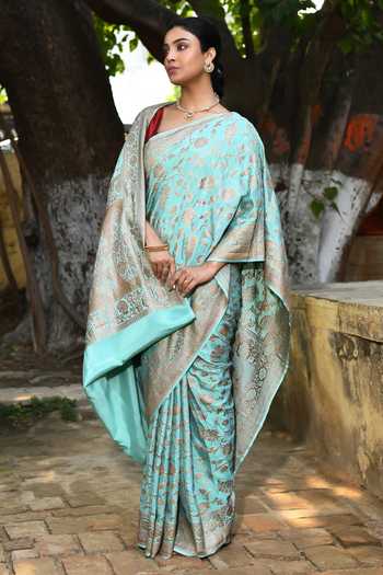 Shop_Naaritva India_Aqua Crepe, Chiffon, Silk Zari Handwoven Banarasi Saree With Running Blouse _at_Aza_Fashions