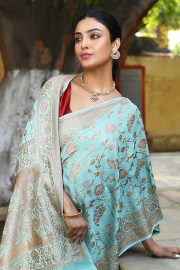 Naaritva India_Aqua Crepe, Chiffon, Silk Zari Handwoven Banarasi Saree With Running Blouse _at_Aza_Fashions