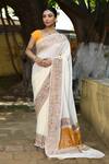Buy_Naaritva India_Cream Crepe, Chiffon, Silk Zari Handwoven Banarasi Saree With Running Blouse _at_Aza_Fashions