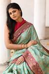 Shop_Naaritva India_Green Crepe, Chiffon, Silk Aqua Handwoven Banarasi Saree With Running Blouse _Online_at_Aza_Fashions
