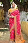 Buy_Naaritva India_Pink Crepe, Chiffon, Silk Bright Handwoven Banarasi Saree With Running Blouse _at_Aza_Fashions