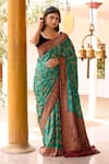Buy_Naaritva India_Teal Crepe, Silk, Chiffon Green Handwoven Banarasi Saree With Running Blouse _at_Aza_Fashions