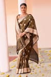 Naaritva India_Olive Green Zari Handwoven Work Banarasi Saree With Running Blouse _Online_at_Aza_Fashions