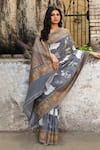 Naaritva India_Silver Crepe, Silk Zari Handwoven Work Grey Banarasi Saree With Running Blouse _at_Aza_Fashions