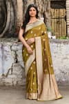 Buy_Naaritva India_Olive Green Zari Handwoven Work Banarasi Saree With Running Blouse _at_Aza_Fashions