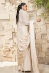 Shop_J By Jannat_Beige Satin, Shantoon Pearls High , Scoop Mouse Pre-stitched Saree Set _at_Aza_Fashions