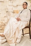 Buy_J By Jannat_Beige Satin, Shantoon Pearls High , Scoop Mouse Pre-stitched Saree Set _Online_at_Aza_Fashions