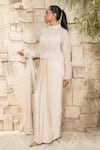 Buy_J By Jannat_Beige Satin, Shantoon Pearls High , Scoop Mouse Pre-stitched Saree Set 