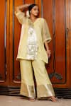 Buy_Eeda_Yellow Silk Organza, Shantoon V-neck Lemon Kurta Pant Set _at_Aza_Fashions