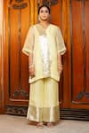 Buy_Eeda_Yellow Silk Organza, Shantoon V-neck Lemon Kurta Pant Set _Online_at_Aza_Fashions