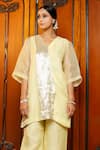 Eeda_Yellow Silk Organza, Shantoon V-neck Lemon Kurta Pant Set _at_Aza_Fashions