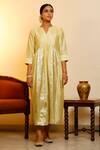 Buy_Eeda_Yellow Chinon, Shantoon Round Neck Lemon Chiniya Silk Anarkali _at_Aza_Fashions