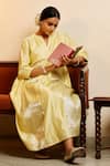 Eeda_Yellow Chinon, Shantoon Round Neck Lemon Chiniya Silk Anarkali _at_Aza_Fashions