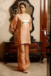 Buy_Eeda_Peach Silk Organza, Shantoon Round Neck Kurta Pant Set _at_Aza_Fashions