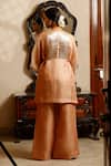 Shop_Eeda_Peach Silk Organza, Shantoon Round Neck Kurta Pant Set _at_Aza_Fashions
