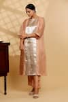 Shop_Eeda_Peach Silk Organza, Shantoon Round Neck Kurta And Pant Set _at_Aza_Fashions