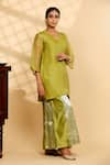 Eeda_Green Organza, Round Neck Kurta And Chiniya Pant _Online_at_Aza_Fashions