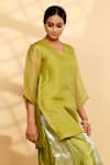 Shop_Eeda_Green Organza, Round Neck Kurta And Chiniya Pant _Online_at_Aza_Fashions
