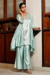 Buy_Eeda_Blue Silk Embroidery Round Neck Powder Chiniya Kurta Pant Set _at_Aza_Fashions