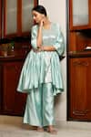 Shop_Eeda_Blue Silk Embroidery Round Neck Powder Chiniya Kurta Pant Set _Online_at_Aza_Fashions