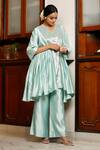 Eeda_Blue Silk Embroidery Round Neck Powder Chiniya Kurta Pant Set _at_Aza_Fashions