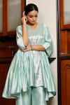 Buy_Eeda_Blue Silk Embroidery Round Neck Powder Chiniya Kurta Pant Set 
