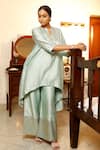 Eeda_Blue Silk Keyhole Neck Powder Chiniya Kurta Pant Set _at_Aza_Fashions