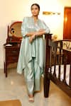 Buy_Eeda_Blue Silk Keyhole Neck Powder Chiniya Kurta Pant Set _at_Aza_Fashions