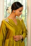 Eeda_Green Shantoon, Silk Embroidery V-neck Chiniya Anarkali Dress _Online_at_Aza_Fashions