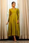 Buy_Eeda_Green Shantoon, Silk Embroidery V-neck Chiniya Anarkali Dress _at_Aza_Fashions