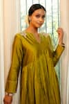Shop_Eeda_Green Shantoon, Silk Embroidery V-neck Chiniya Anarkali Dress _Online_at_Aza_Fashions