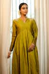 Eeda_Green Shantoon, Silk Embroidery V-neck Chiniya Anarkali Dress _at_Aza_Fashions