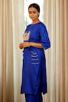 Eeda_Blue Silk, Shantoon Embroidery Round Neck Designer Chiniya Kurta Pant Set _Online_at_Aza_Fashions