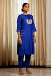 Buy_Eeda_Blue Silk, Shantoon Embroidery Round Neck Designer Chiniya Kurta Pant Set _Online_at_Aza_Fashions