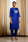Eeda_Blue Silk, Shantoon Embroidery Round Neck Designer Chiniya Kurta Pant Set _at_Aza_Fashions