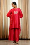 Buy_Eeda_Pink Silk, Shantoon Embroidery Round Neck Chiniya Kurta Pant Set _Online_at_Aza_Fashions