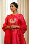 Eeda_Pink Silk, Shantoon Embroidery Round Neck Chiniya Kurta Pant Set _at_Aza_Fashions