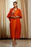 Buy_Eeda_Rust Silk, Shantoon Embroidery Collared Orange Designer Dress _at_Aza_Fashions