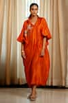 Eeda_Rust Silk, Shantoon Embroidery Collared Orange Designer Dress _Online_at_Aza_Fashions