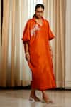 Shop_Eeda_Rust Silk, Shantoon Embroidery Collared Orange Designer Dress _Online_at_Aza_Fashions