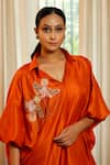 Eeda_Rust Silk, Shantoon Embroidery Collared Orange Designer Dress _at_Aza_Fashions