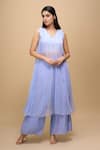 Buy_Samyukta Singhania_Sky Blue Chiffon V-neck Printed Anarkali And Pant Set _at_Aza_Fashions