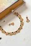 Prestones_Green Stones Temple Ghungroo Necklace And Earring Set _Online_at_Aza_Fashions