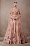 Buy_Tarun Tahiliani_Peach Tulle, Net Sequins Sweetheart Neck Embroidered Lehenga Set _at_Aza_Fashions