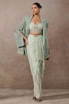 Buy_Tarun Tahiliani_Green Tulle, Lace Sequins, Diamonds, Hand Embroidered Sheer Jacket Skirt Set _at_Aza_Fashions