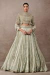 Buy_Tarun Tahiliani_Green Tulle Pearls, Sequins, Tassels High Neck Embroidered Lehenga Set _at_Aza_Fashions